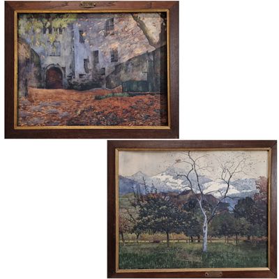 deux tableaux encadrés représentant une maison et un arbre dans un champ