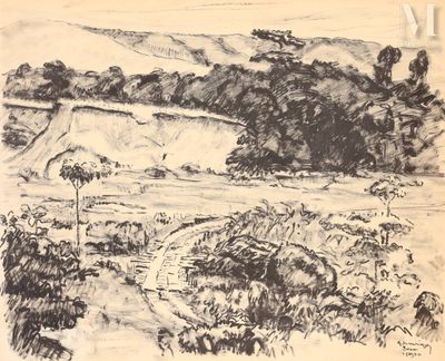 dessin représentant un paysage avec des collines et des arbres au loin