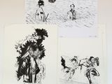trois dessins en noir et blanc représentant des personnes jouant au frisbee