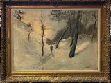 an image of a painting of a man and a dog in the snow