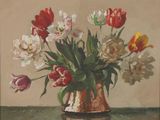 a painting of flowers in a vase on a table