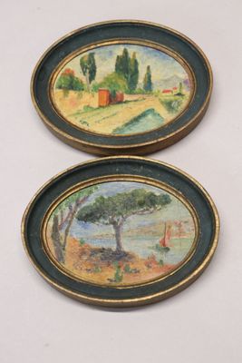 deux tableaux ovales représentant un paysage avec des arbres et une maison