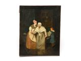 un vieux tableau représentant une femme et deux enfants dans une cuisine