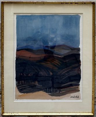 une image représentant un tableau d'une chaîne de montagnes dans un cadre doré
