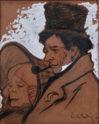 painting of a man and a woman in a top hat and coat