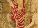 a tapestry with a painting of a man and a woman on it