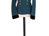 a blue uniform on a mannequin stand with a white background