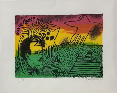 drawing of a man with a cat on his head in front of a pyramid