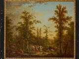 une peinture à l'huile représentant un paysage boisé avec des personnages et des animaux au premier plan