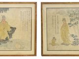 deux peintures chinoises encadrées représentant une femme et un chien