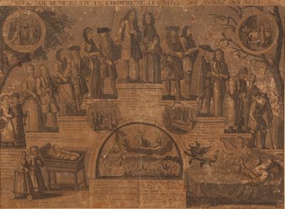 a drawing of a group of people standing around a manger