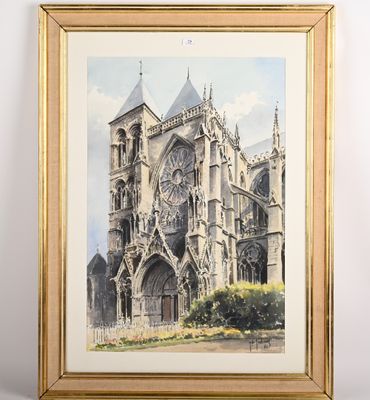 une peinture représentant une grande cathédrale avec une horloge sur la façade
