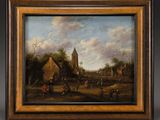 a painting of a village scene with people and animals in the foreground