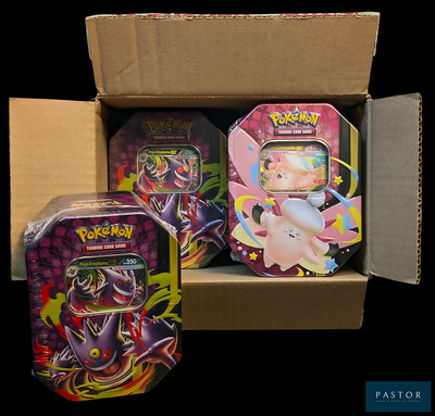 a box of pokemon cards and a tin box of tins