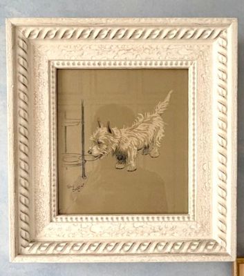 a drawing of a dog in a frame on the wall