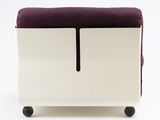 purple and white storage bench with two doors on wheels on a white background