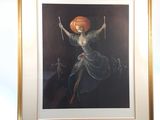 painting of a woman with a pumpkin on her head on a easel
