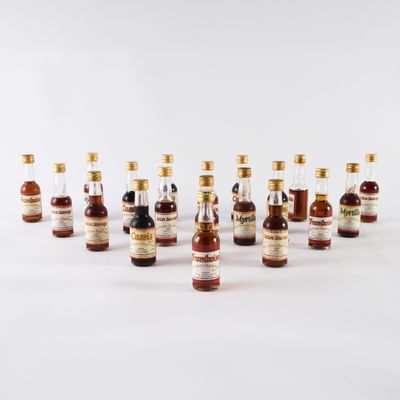 un ensemble de petites bouteilles d'alcool posées sur une surface blanche