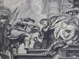 dessin représentant un tableau montrant un groupe de personnes dans un escalier