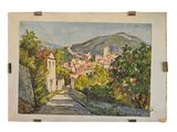 une peinture à l'huile représentant une vue d'une ville avec une montagne en arrière-plan