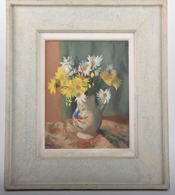 a painting of flowers in a vase on a table