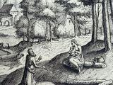 drawing of a man and a woman in a landscape with a village in the background