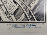 a black and white drawing of a plane with a man on it