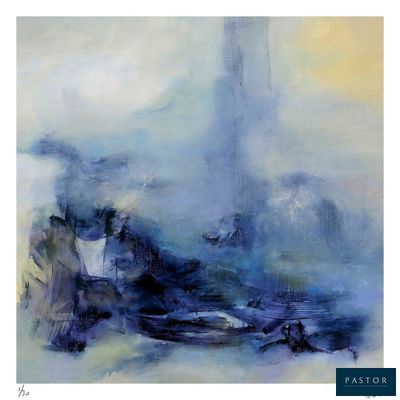 un tableau représentant un bateau sur un plan d'eau, avec un phare en arrière-plan