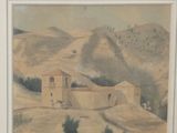 framed picture of a painting of a landscape with a house in the distance