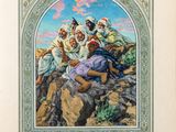 an image of a painting of a group of people sitting on a rock