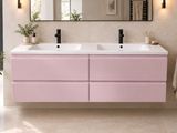 a bathroom with two sinks and a mirror on the wall