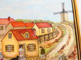 un tableau représentant une scène de vie à la ferme avec un moulin à vent en arrière-plan