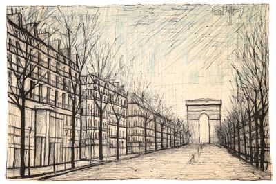 drawing of a drawing of a street with trees and a gate