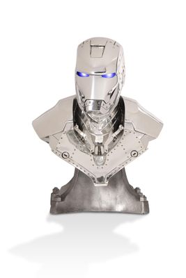 silver iron man busturine with blue eyes on a white background