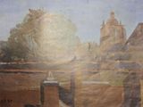a painting on the wall of a building with a horse in the foreground