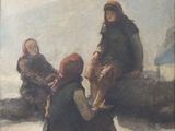 tableau représentant un groupe de personnes assises au sommet d'une colline enneigée