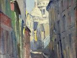 une peinture à l'huile représentant une rue avec des bâtiments et un dôme en arrière-plan