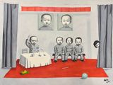tableau représentant un groupe d'hommes assis à une table, avec un bébé devant eux