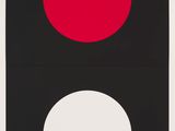 a black and white poster with a red dot and a white circle