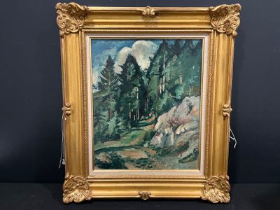 une image d'un tableau représentant une scène de montagne dans un cadre doré