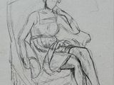 a drawing of a woman sitting in a chair with her legs crossed