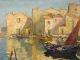 a painting of a boat in the water near a town