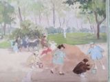 a painting of a group of people walking in a park