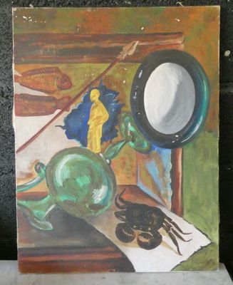 un tableau représentant un tableau posé sur une table avec un miroir