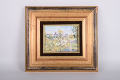 une peinture à l'huile représentant un champ avec une maison en arrière-plan