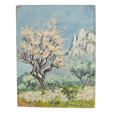 une peinture à l'huile représentant un arbre dans un champ, avec des montagnes en arrière-plan