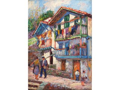 an oil painting of a couple of people standing outside of a house