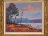 an oil painting of a landscape with trees and a lake