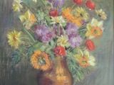 painting of a vase of flowers on a table with a green background