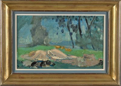 une image représentant un tableau où l'on voit une femme allongée sur une colline recouverte d'herbe